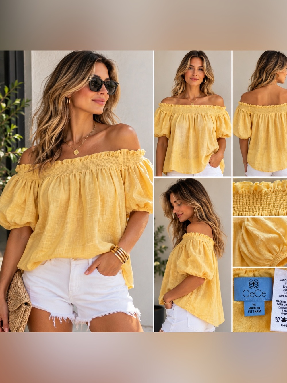 CeCe Yellow Linen Blend Off Shoulder Puff Sleeve Top Size M